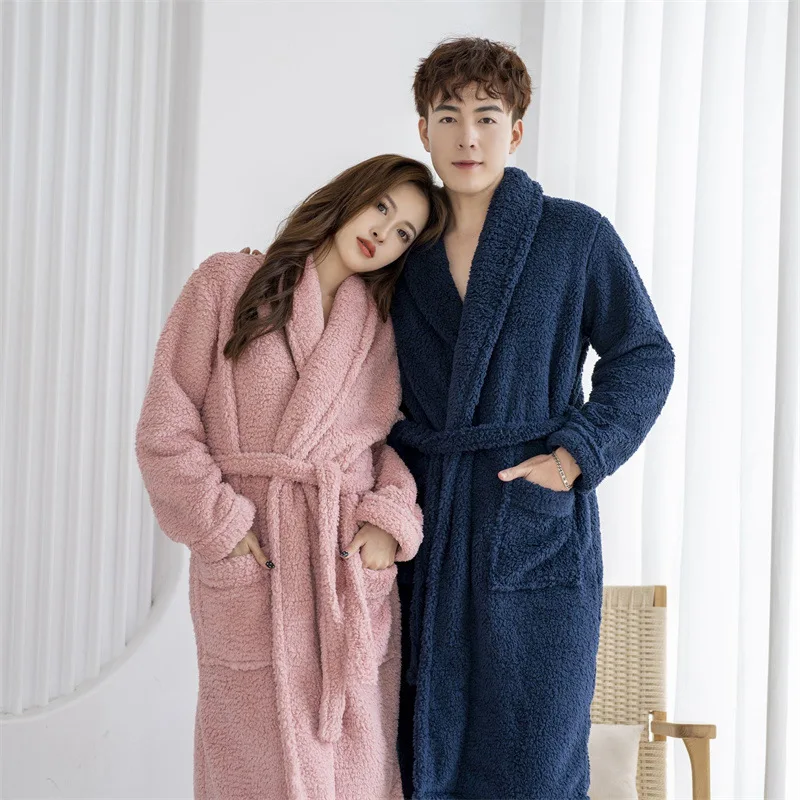 

Couple Coral Fleece Nightgown Autumn Winter Long Sleeve Bathrobe Kimono Robe Flannel Thicked Homewear Female Sexy Sleepwear Gown