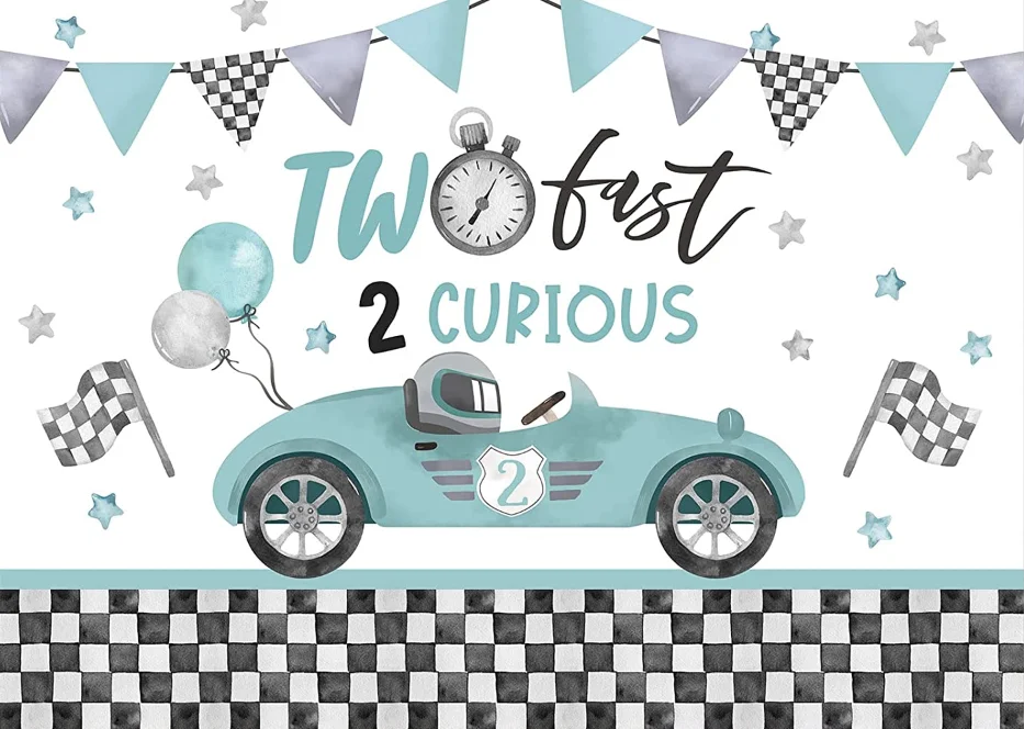 Two Fast Themed Birthday Backdrop for Boys Racing Car 2nd Birthday Party Kids Photography Background Two Fast 2 Curious Banner