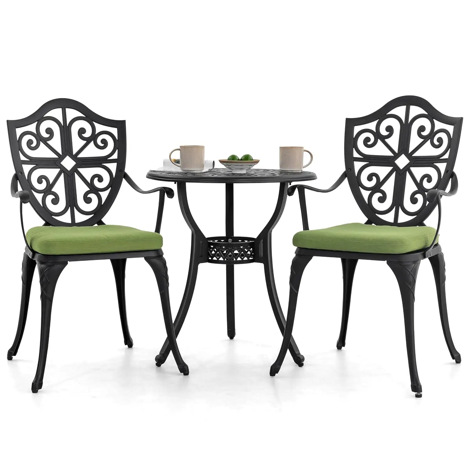 3-Piece Outdoor Bistro Set, 24 Inch Cast Aluminum Table with Umbrella Hole & 2 Cushioned Chairs, Patio Garden, Customized