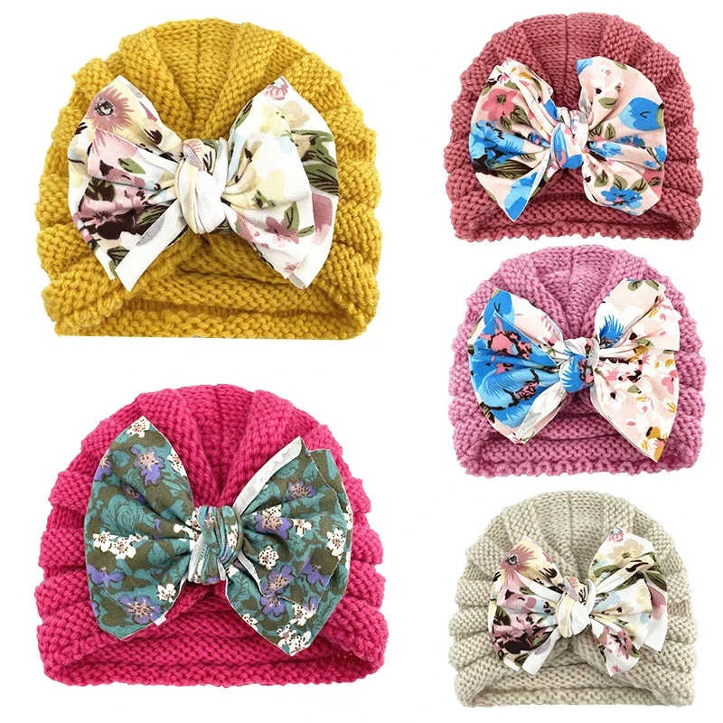 Gorro turbante tejido para bebé de invierno, gorro indio grueso y cálido para bebé, pañuelo de lana para recién nacido, pañuelo para la cabeza con lazo estampado, gorros para niños