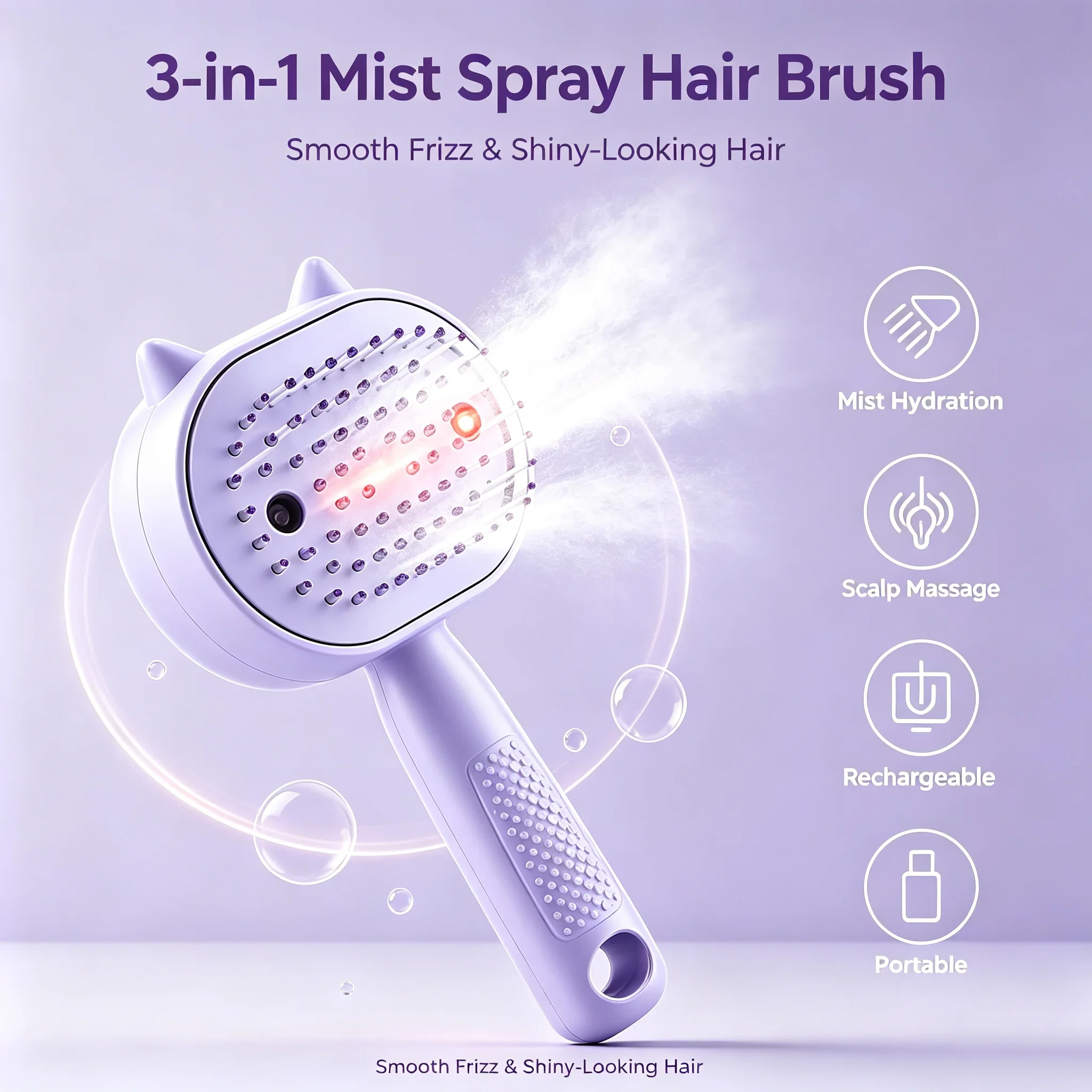 3-in-1 Red Light Mist Spray Steam Hair Brush Rechargeable Anti-Static Anti-Tangle Smooth Frizz Scalp Massage Portable Hair Tool