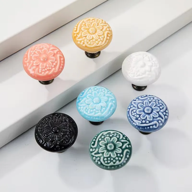 4pcs Round Ceramic Knob Handle Flower Surface Cabinet Kitchen Door Drawer Handles Dresser Knobs Pulls Furniture Hardware