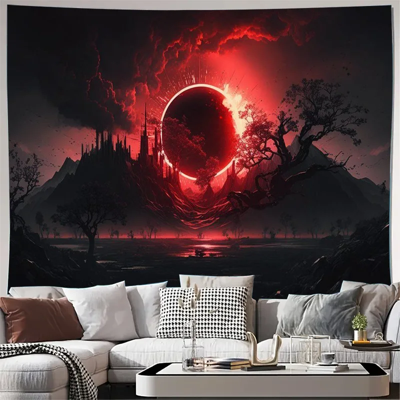 Dark Fantasy Wall Art: Gothic Red Moon Castle Tree Print Tapestry Decor for Living Room Bedroom Boho Home Decoration XXL Size 15
