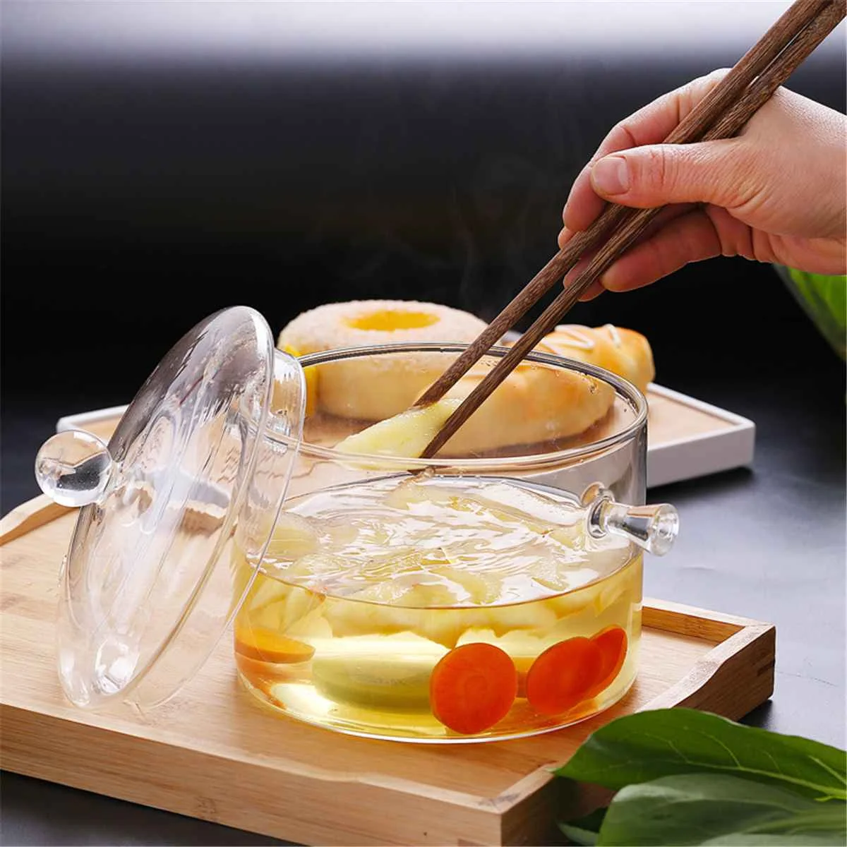 1.5/1.7L Transparent Glass Soup Pot Household Kitchen Vegetable Salad Bowl Thickened Flame Explosion-Proof Cooking Saucepan