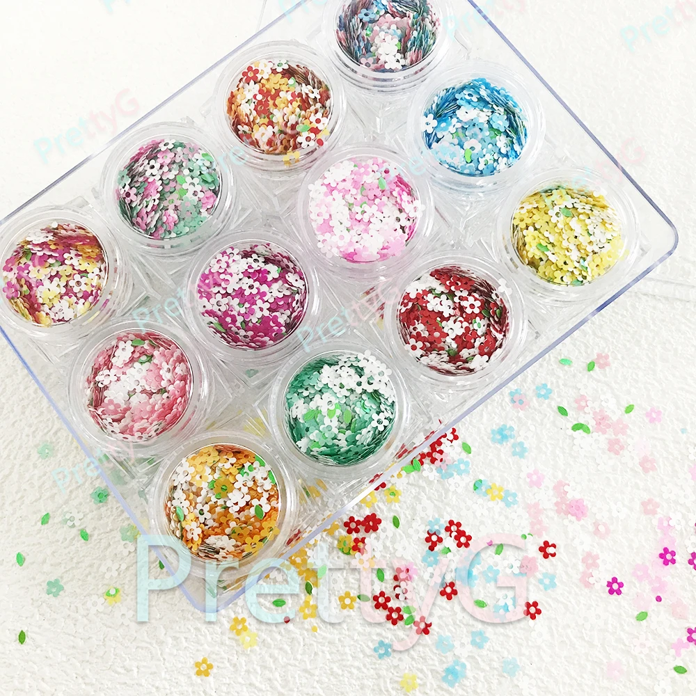 PrettyG 1 Set 12Color Box Pastel Flowers Spring Sequins Glitter Shape Mixes Color Nail Glitter For Resin DIY Nail Art Decoration