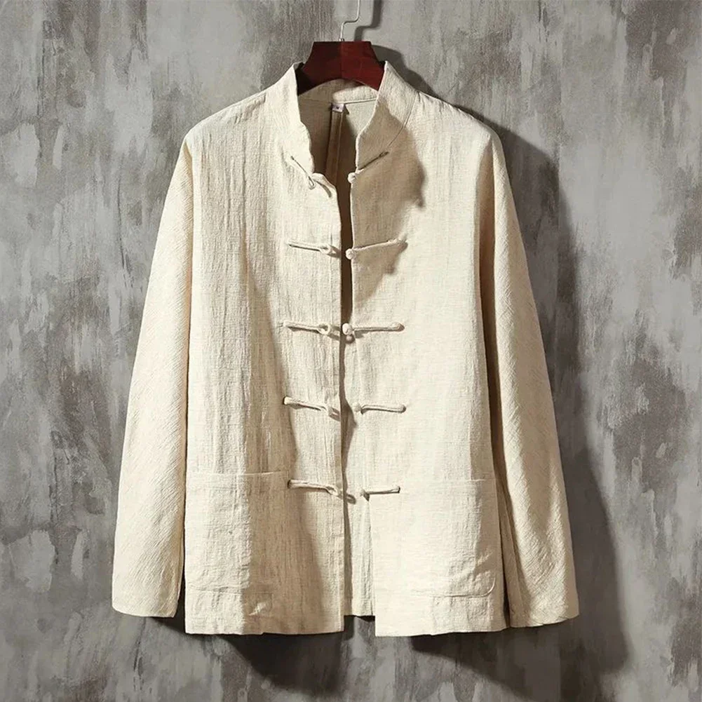 Casual Men\'s Chinese Style Linen Shirts Stand Collar Traditional Kung Fu Tai Chi Shirt Coat Tang Suit Uniform Jacket Men Clothes