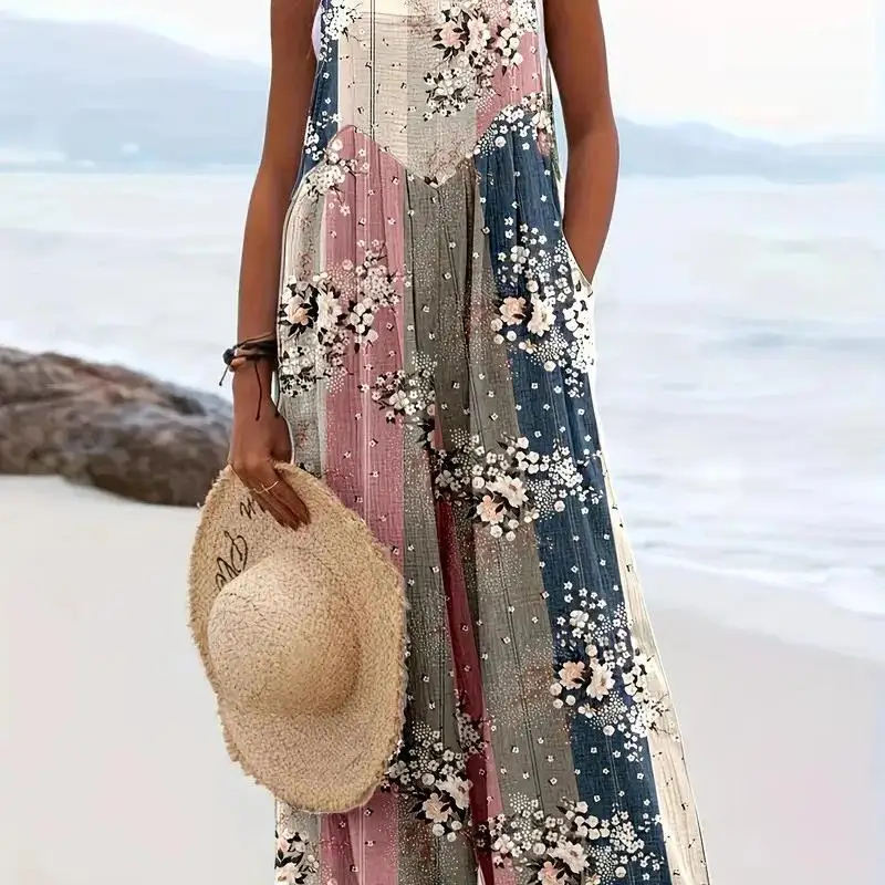 

Women's plus Size Printed Beach Jumpsuit One-Piece Overalls Long Pants mid Waist Polyester Spring 2025