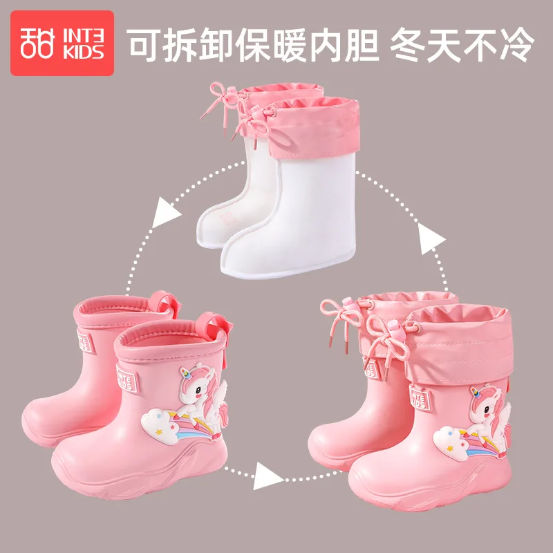 Botas de chuva antiderrapantes impermeáveis para crianças, unicórnio, tubarão, desenhos animados, pato, animais, PVC, sapatos de água, moda,