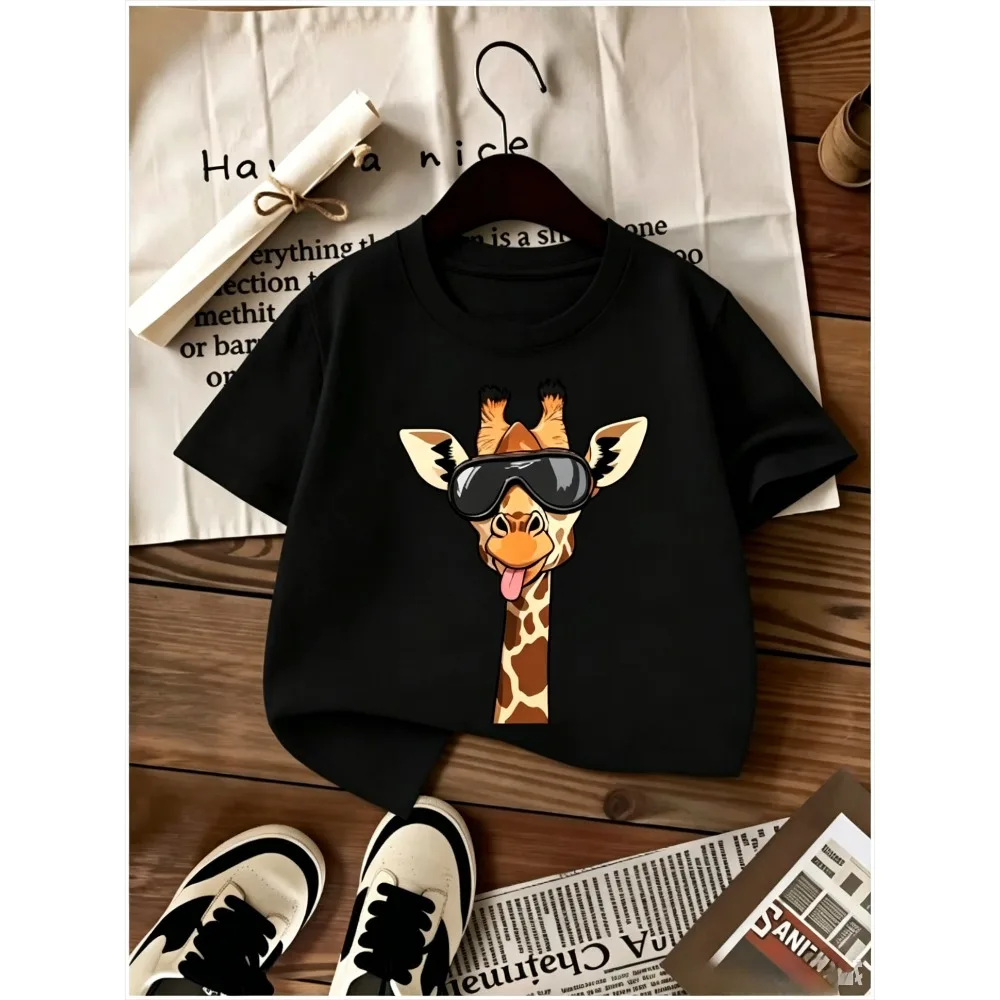 Funny Animal Cartoon Giraffe Pattern Printing Children's T-shirt Summer Short-sleeved Children's Loose and Comfortable Top
