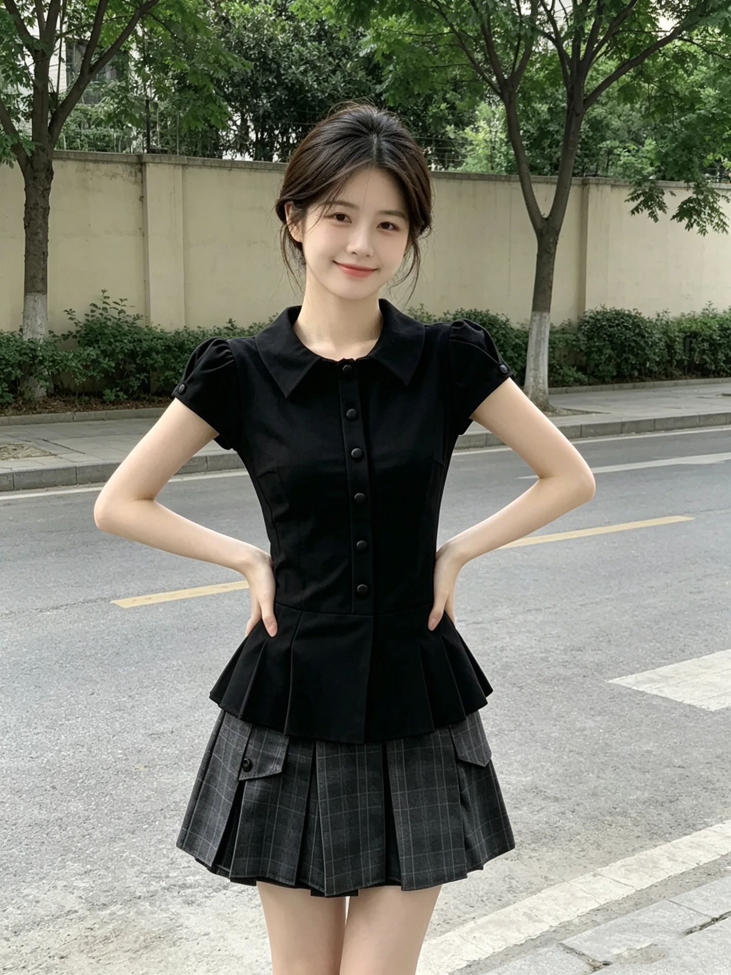 

Black Slimming A-Line Skirt Set Women's Fashion Korean Style Bubble Sleeve Shirt High Waist Pleated Short Skirt