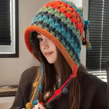 Gorro de punto Y2K Kawaii para mujer, gorro con borlas de Color contrastante, gorros con orejeras, gorro cálido Ushanka para invierno y otoño 2024