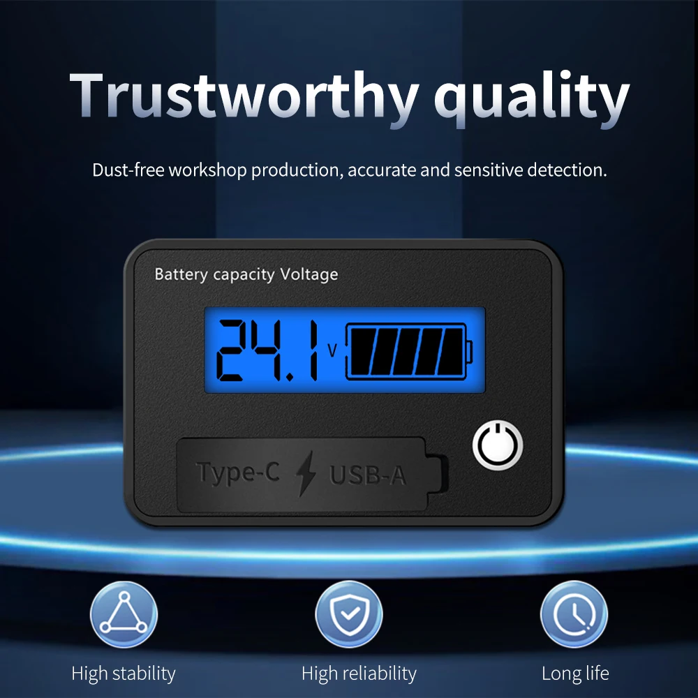 DC8-30V Battery Capacity Indicator 12V 24V Digital Electricity Meter USB+Tpye-C Output Lithium Battery Tester for Car Motorcycle