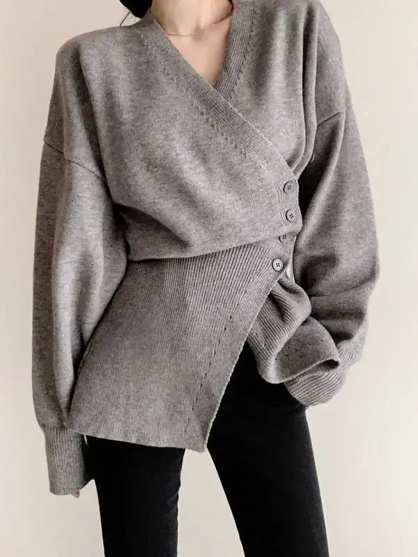 Korean Knitted Cardigans Women Winter Asymmetric Waist Sweater Lady Fashion Chic V-neck Long Sleeve Knitwear Slim Button Sweater