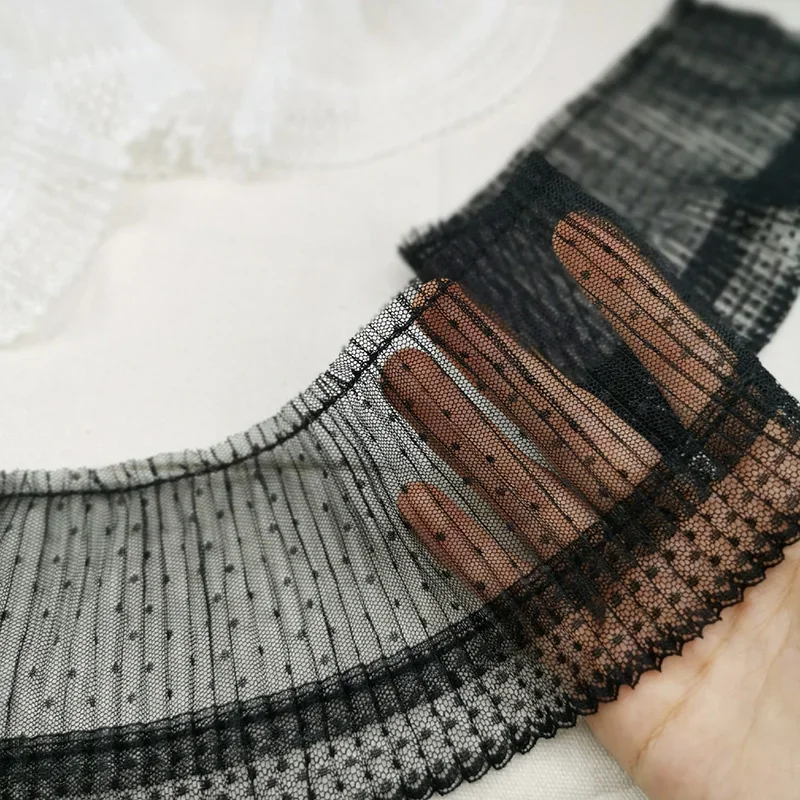 Points Stretch Pleated Fabric Lace Fringe Trim Edging Collar Neckline Dress Sewing 10CM White Wide Black Tulle Mesh Embroidered