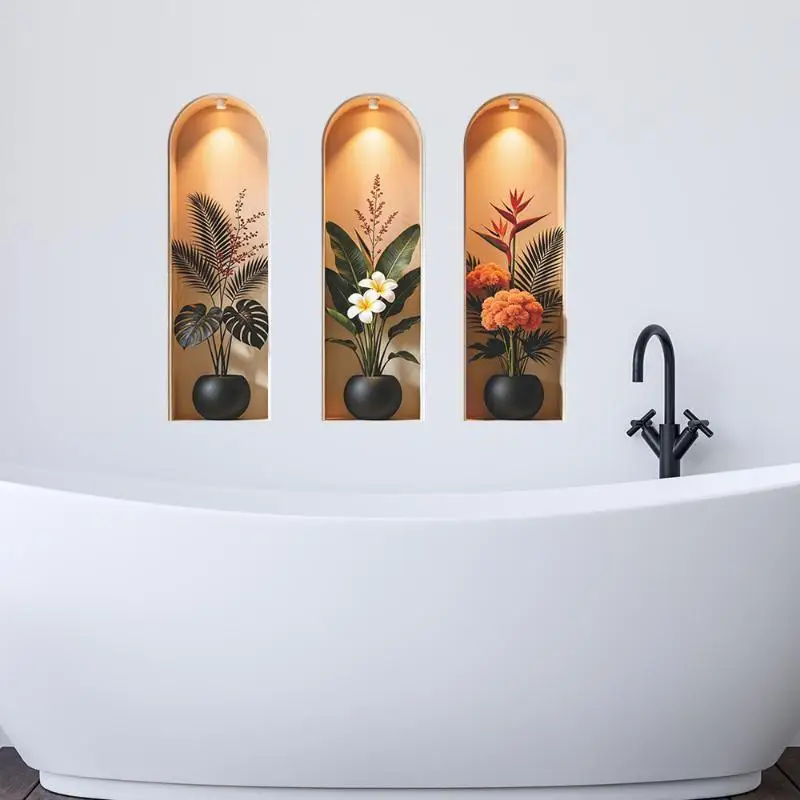 3Pcs Arch Niche Green Plant Wall Sticker Self Adhesive 3D Visual Potted Floral Mural For Living Room Bedroom Entrance Home Deco