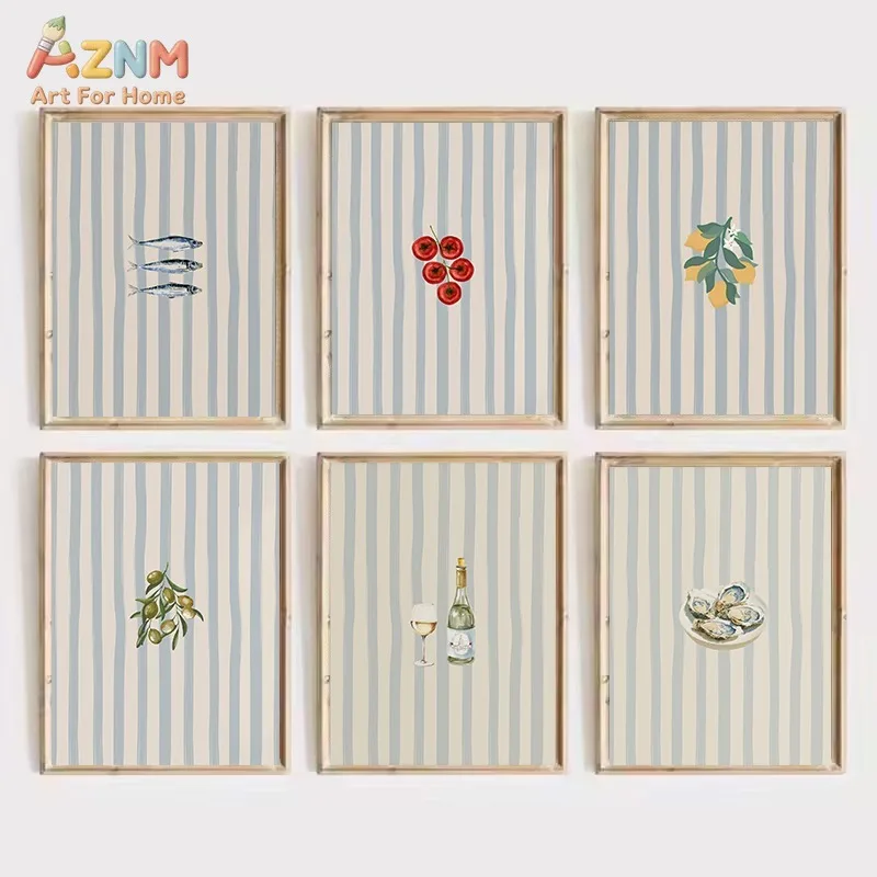 AZNM Blue Beige Striped Mediterranean Food Canvas Wall Art Sardine Tomato Lemon Olive Wine Oyster Watercolor Print Coastal Kitch