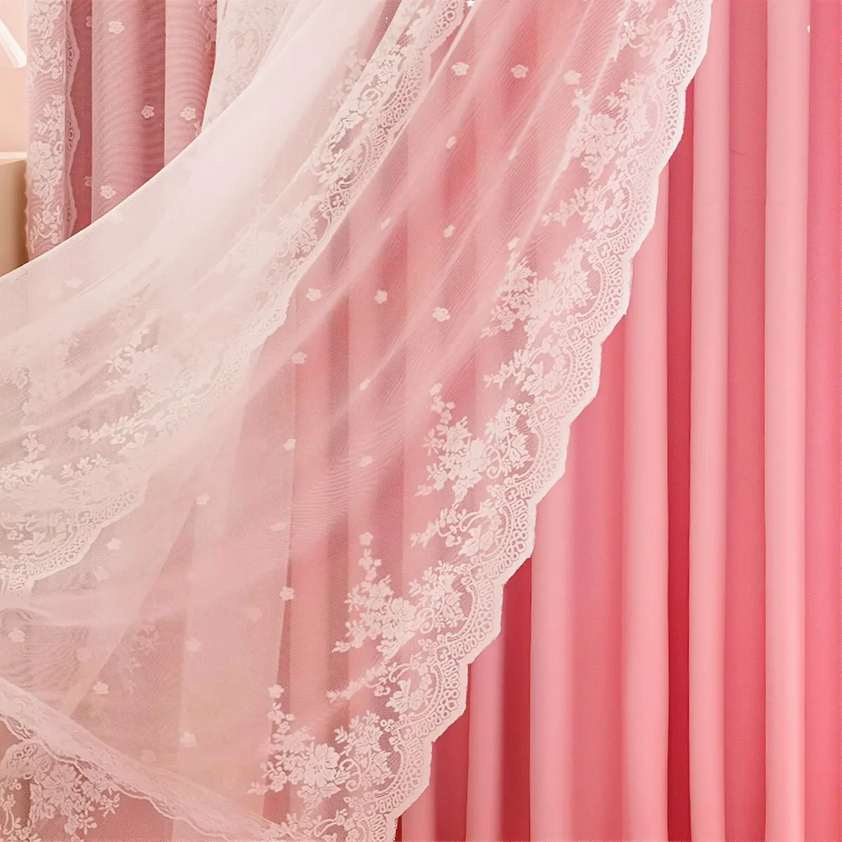 Pink Double Layer Hollow Grommet Curtains 2pcs, Floral Lace Sheer Blackout Drapes, Girly Short Curtains for Bedroom Bay Window