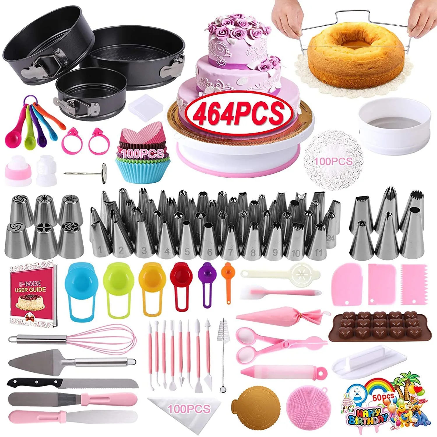 Cake Decorating Set 464 Pieces with Non-Slip Cake Turntable and Springform Cake Tin Baking Supplies for Beginners
