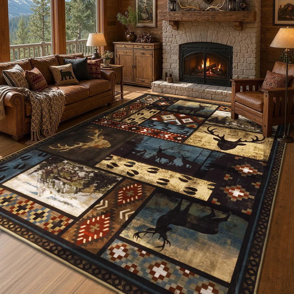 5x7 Large Rustic Cabin Western Deer Christmas Area Rug Distressed Low Pile Washable Non Slip Rug Carpet for Kitchen Home Decor