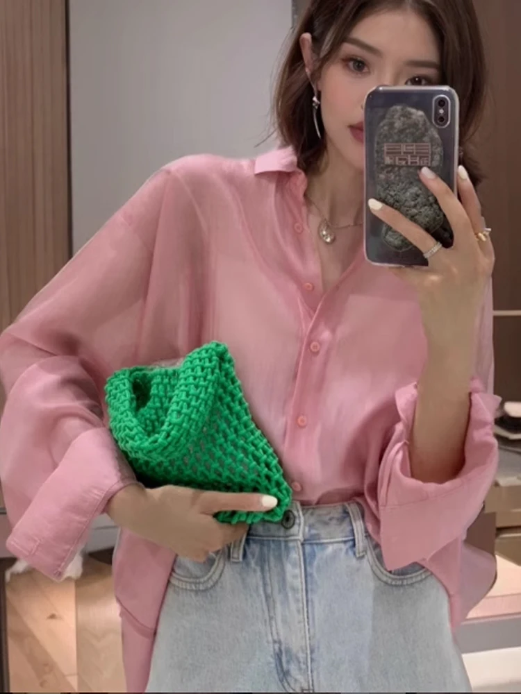 Printemps soie lâche femmes irt Protection solaire col Long Sve Polyester Fiber 2024 nouveau Sle trajet Sle couleur Pure