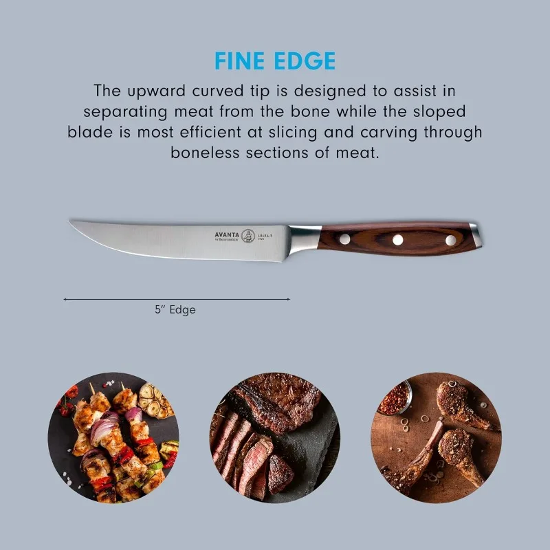 Avanta-Fine Edge Steak Knife Set, alemão X50 em aço inoxidável, resistente à ferrugem, fácil de manter, inclui 4 facas, 5"