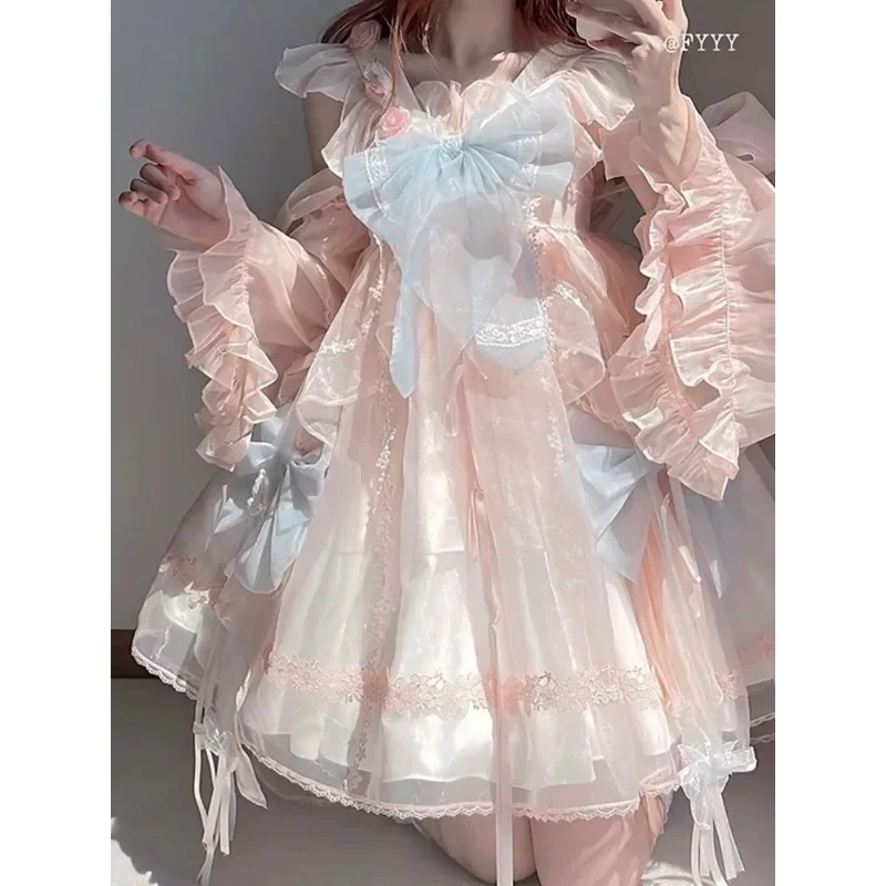 Chinese Traditionele Roze Kanten Strik Lolita Jurk Dameskleding 2024 Zomer Lieve Meisjes Theekransjurk Kawaii Carnaval Jurken