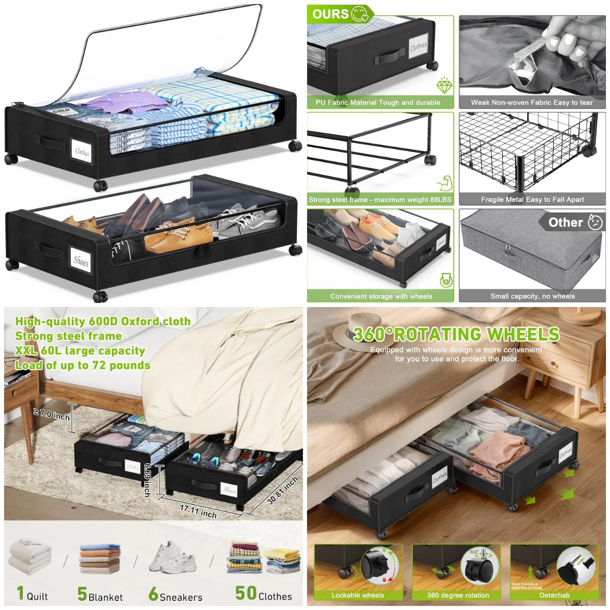 

Under Bed Storage with Wheels, 2-Pack Clear-Lid Rolling Bins, XXL 60L Metal Drawer for Clothes, Shoes, Toys - Black