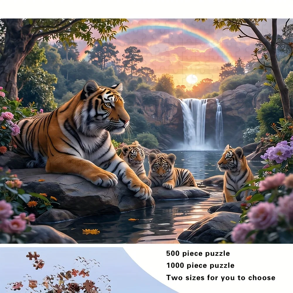 Tiger Tapestry Wall Hanging, Mother Tiger and Cubs by Waterfall Forest Landscape Tapestry, Nature Animal Wall Decor for Living