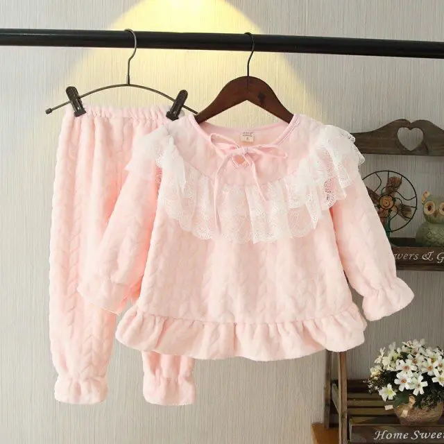 

Children's pajamas girls' autumn and winter Flannel Home suit Solid Regular Fits true to size take your normal size