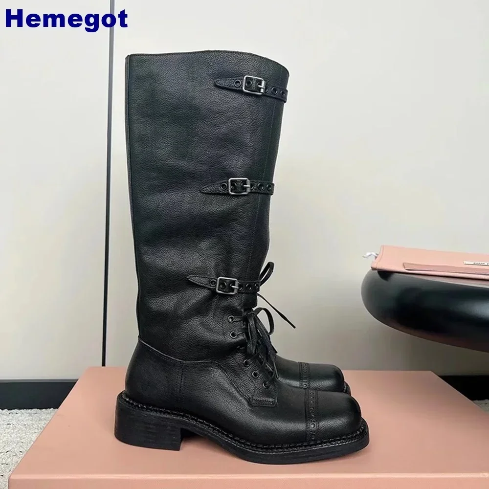 Retro Belt Buckle Women\'s Knight Boots 2024 Autumn Round Street Cross Straps Leather Long Boot Black/brown Party Casual Boots