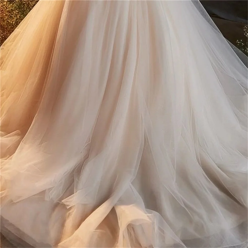 Gaun gadis bunga sampanye Fluffy Tulle lengan panjang leher bulat pengiring pengantin ulang tahun gaun pernikahan mewah hadiah