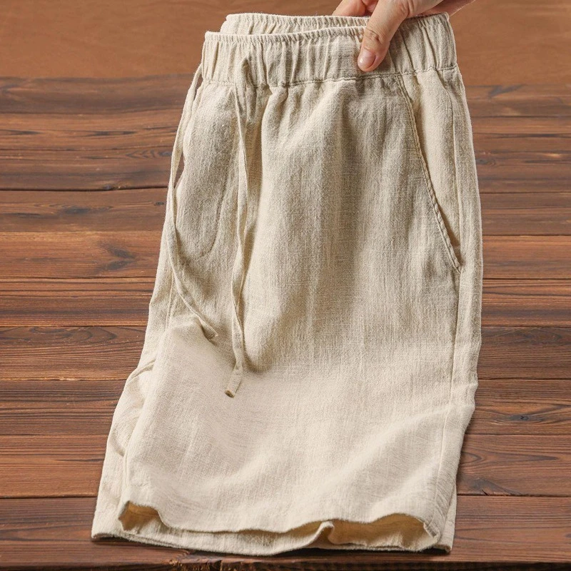 

Men's Cotton Linen Shorts Breathable Solid Color Simple Elastic Waist Loose 5-point Pants Casual Beach Wide Leg Sports Shorts