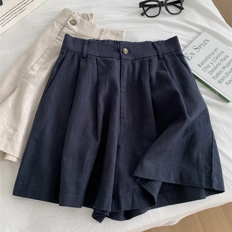 Pantalones cortos de ramio Retro lavados para mujer, pantalones coreanos versátiles en forma de A, de cintura alta, finos, de pierna ancha, de algodón y lino, para verano