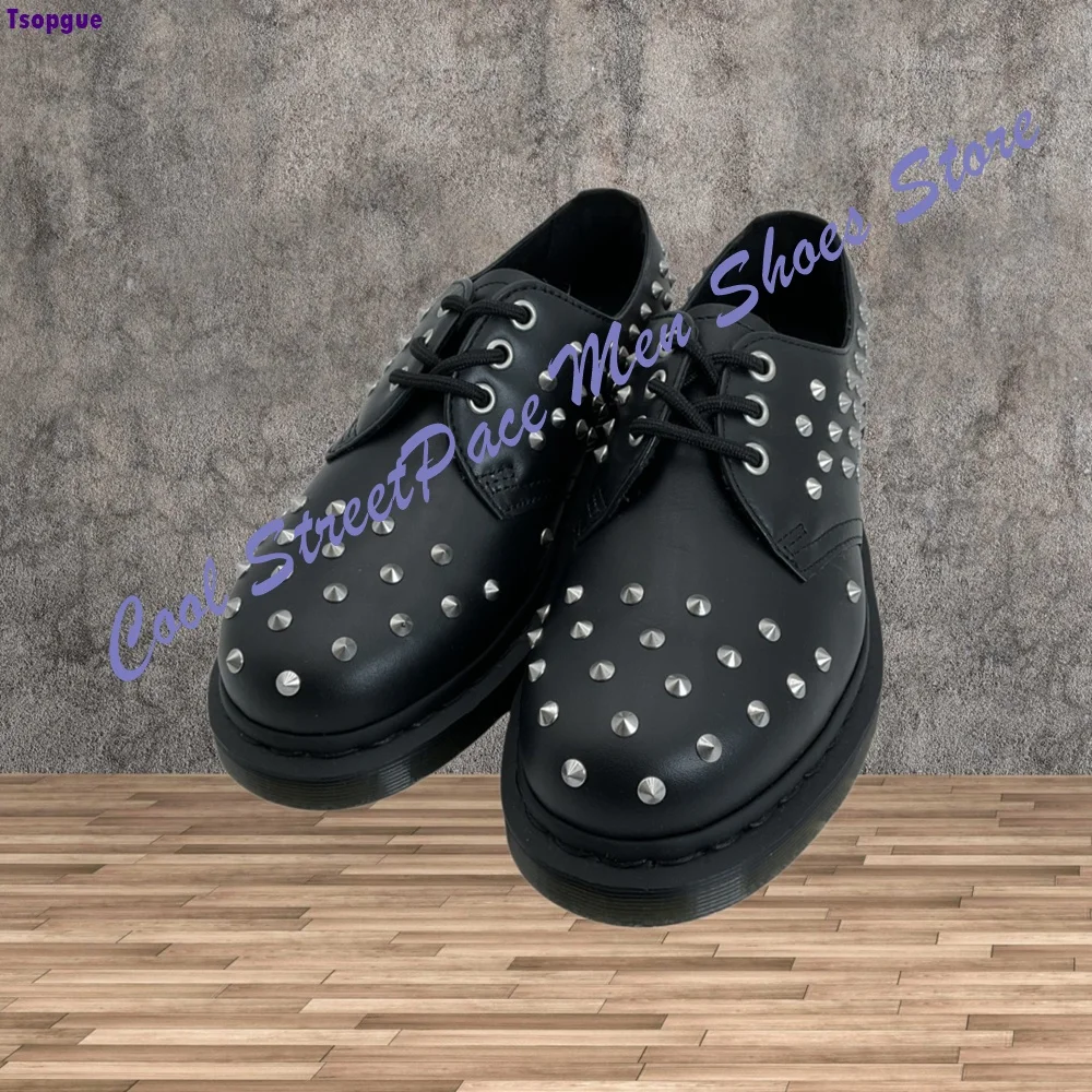 Punk Runway Style Silver Studded Low Top Shoes for Men Round Toe Lace-up Leather Shoes Thick Sole Punk Street Fashion Footwear