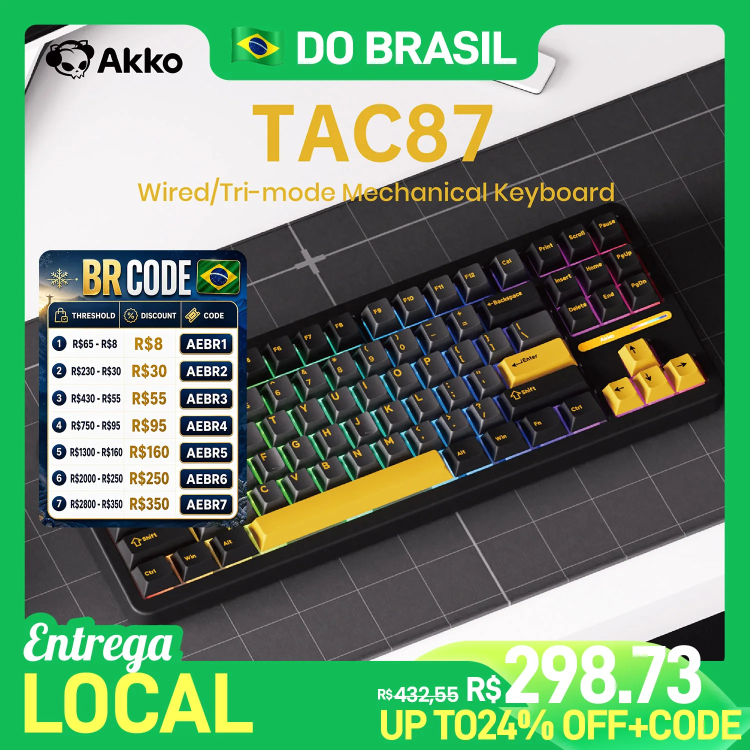 Akko tac87 horizonte teclado mecânico 80% tkl teclas completas 3/5 pinos hot-swap rgb com fio personalizado junta de teclado para jogos