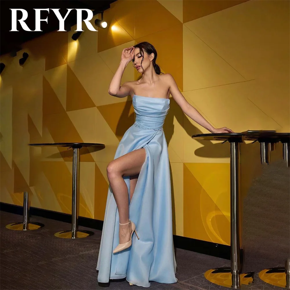 RFYR Sky Blue Tulle Prom Dress Puffy Sleeves Celebrity Dresses Pleat  Women\'s Evening Dress Off the Shoulder Formal Gown 프롬 드레스