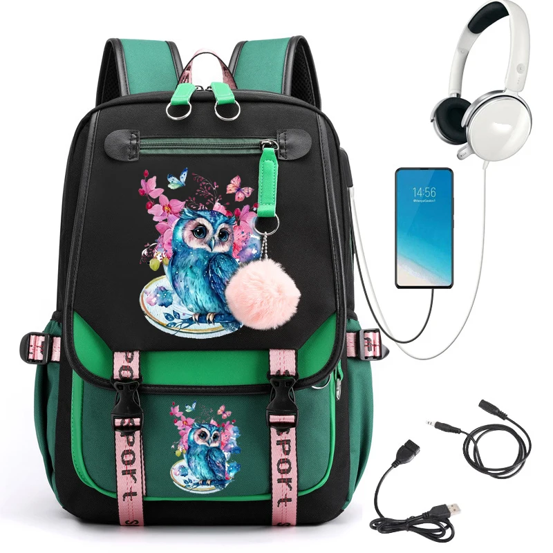 Watercolor Owl Flower Print School Backpack Bag Cute Cartoon School Bag for Student Teens Bookbag Anime Laptop Teenager Backpack