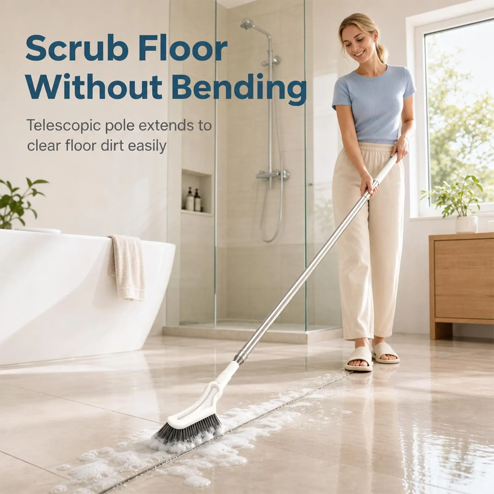 Floor Scrub Brush Telescopic Pole Narrow Head Elastic Bristles Long Handle Floor Scrubber Brush for Wall Deck Kitchen Bathtub