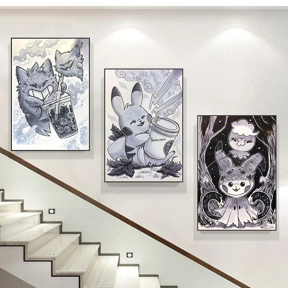 

Anime Peripheral Pokémon Poster Gengar Pikachu Canvas Painting Wall Ink Art Picture Mural Prints for Kids Room Cute Decor Gifts