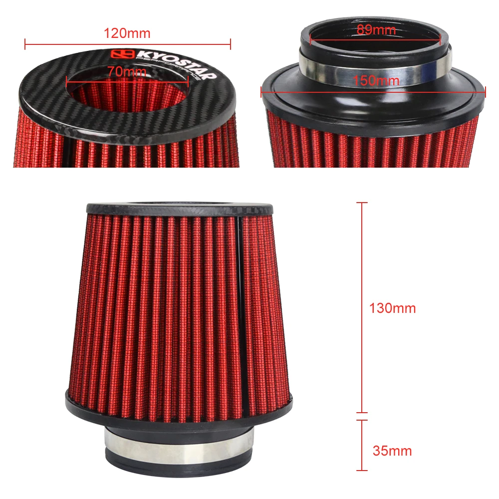 Universal Mushroom Cone Filter with Clamp 3.5'' 89mm High Flow Inlet Short Ram Red Cold Air Intake Cone Filter