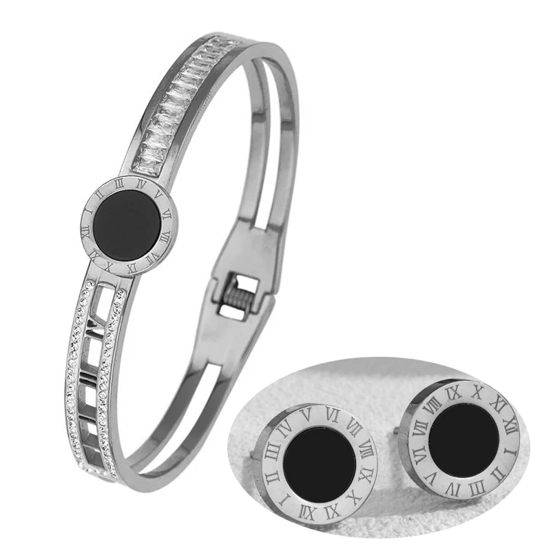 مجموعة مجوهرات نسائية بأرقام رومانية - سوار وأقراط من العقيق الأسود، مجوهرات فاخرة ذات لون ذهبي للحفلات والهدايا