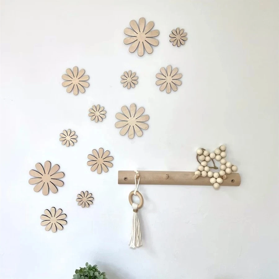 

Nordic Wooden Daisy Flower Wall Decoration Self-adhesive Wall Stickers Set Wood Sticker Kids Room Ornaments Nursery Decor Props