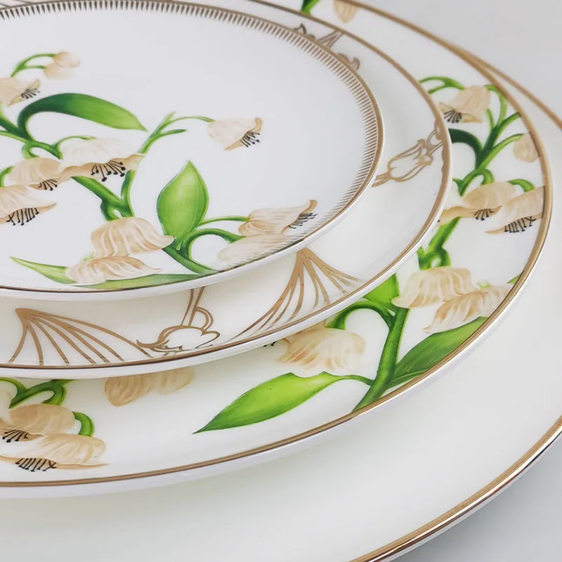 European Ceramic Plate Sets Painted Floral Decor Wedding Center Dinner Set Plates and Dishes Gold Stroke Breakfast Bread Dish