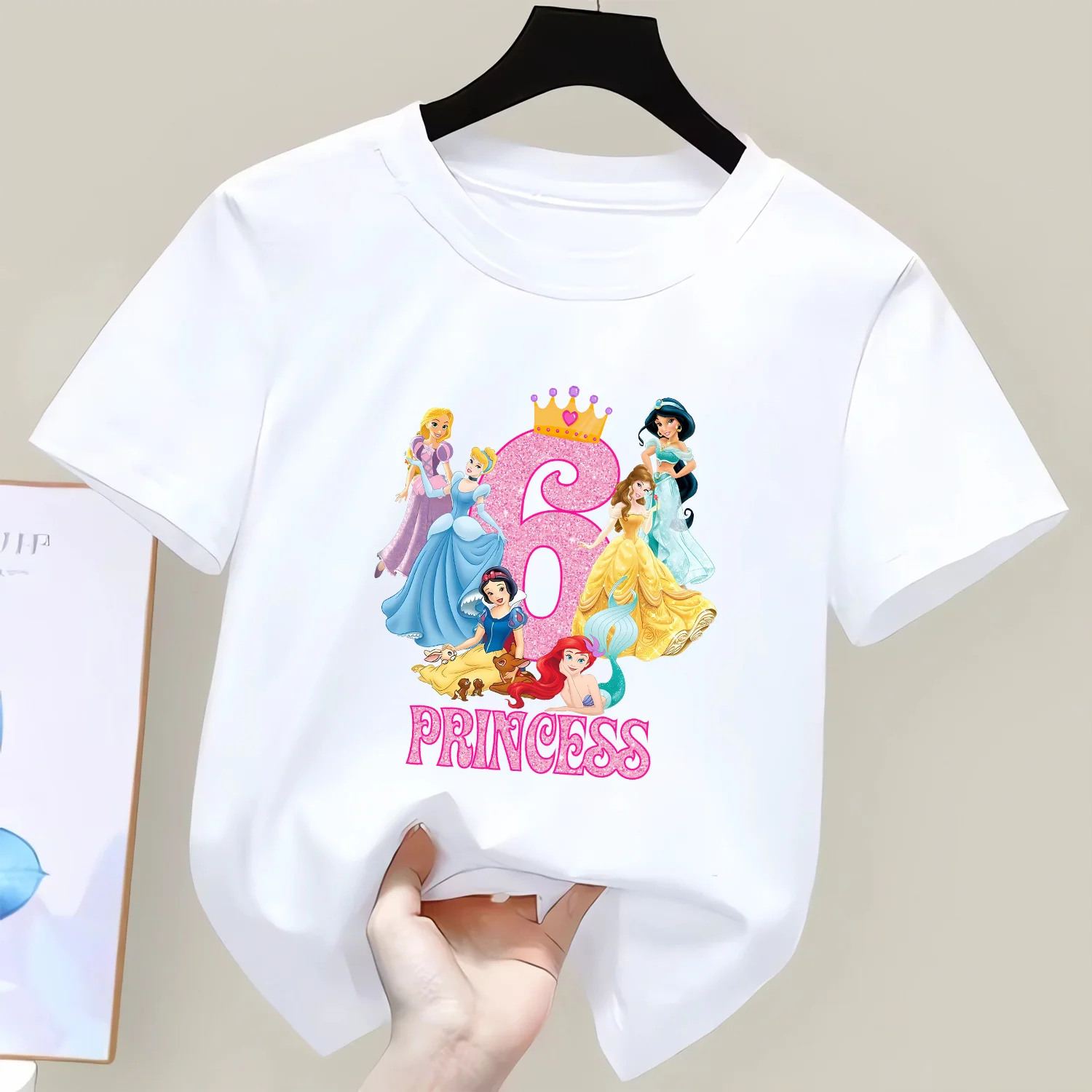 Disney Princess Girls Clothes Short Sleeve Tops Birthday Party T-shirt Number 1-10 Cartoon Printed Tee White Base Tshirt Gifts