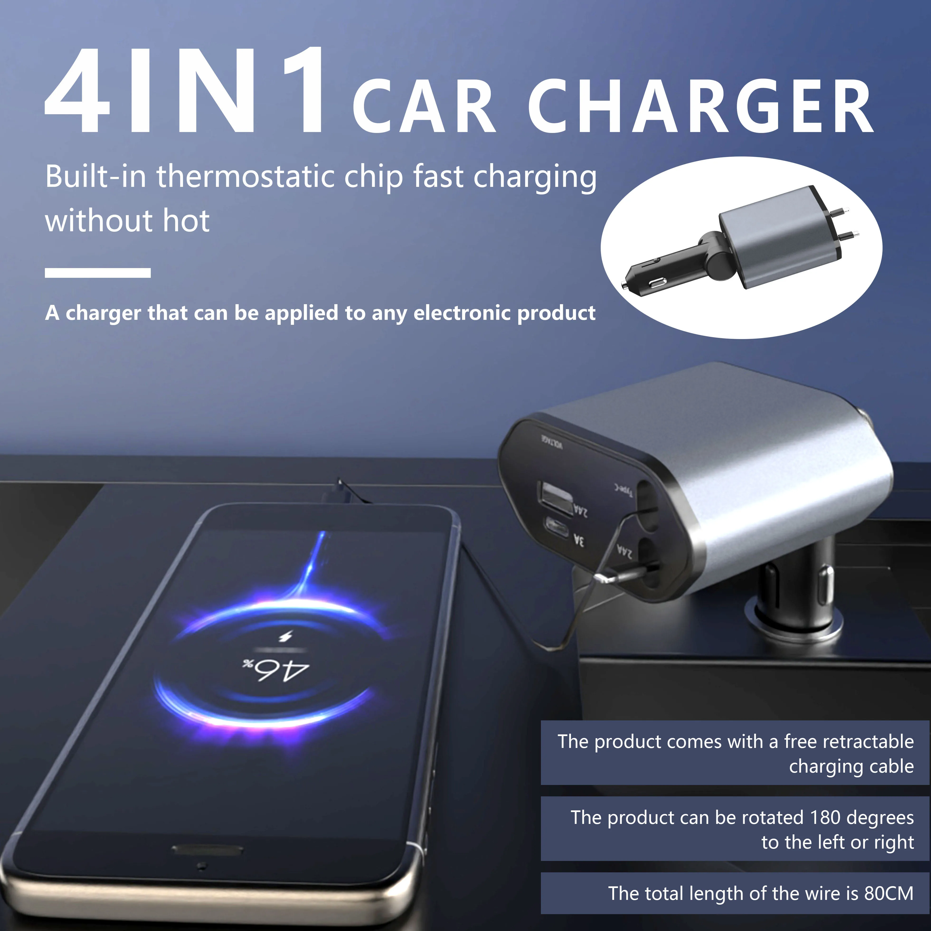 

Gopala Retractable Car Charger 120W Fast Charger USB C Retractable Cables and 2 Charging Ports with iPhone 15/14/13/12 Pro Max