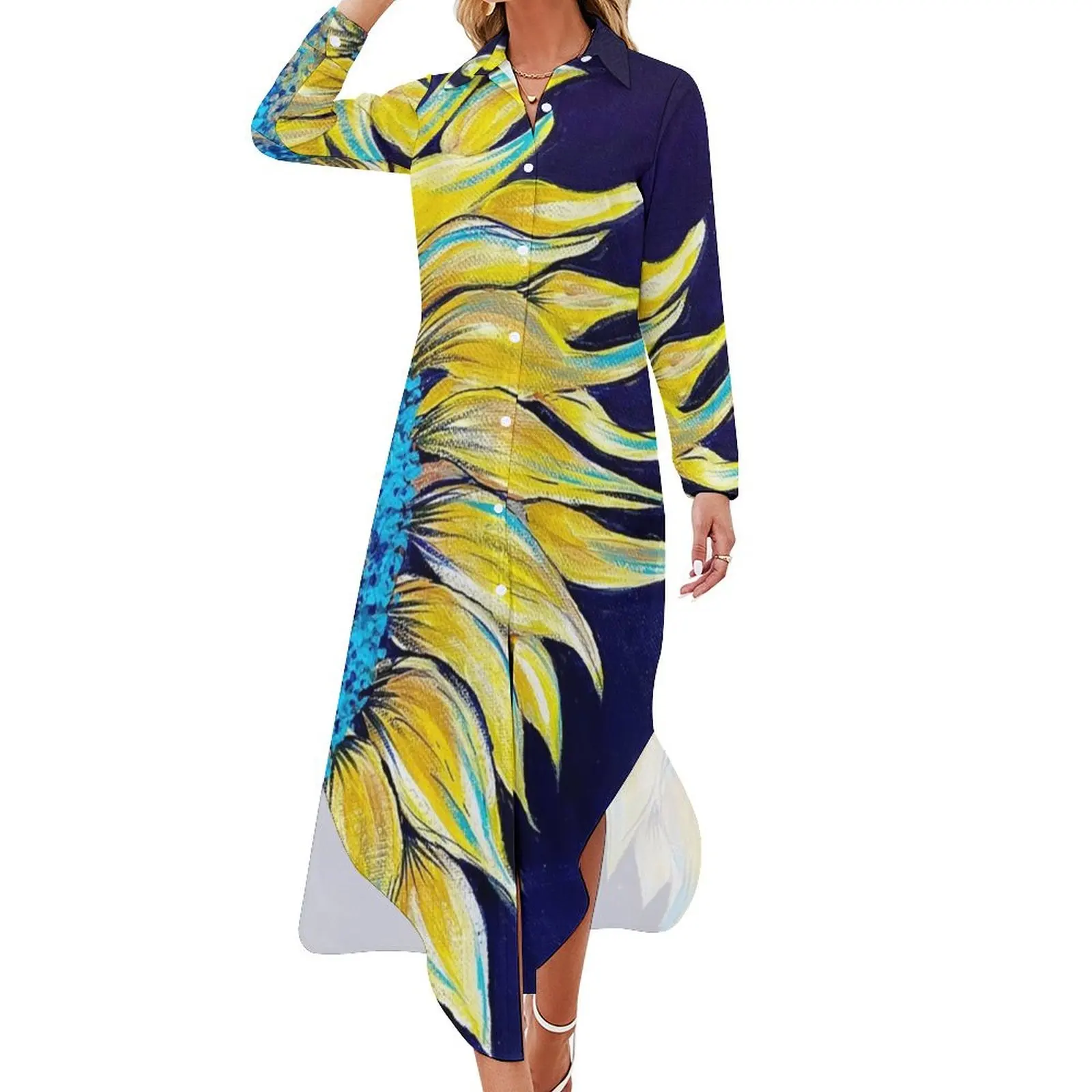 Sunflower on Canvas Long Sleeved Shirt Dress evening dress ladies women evening dress