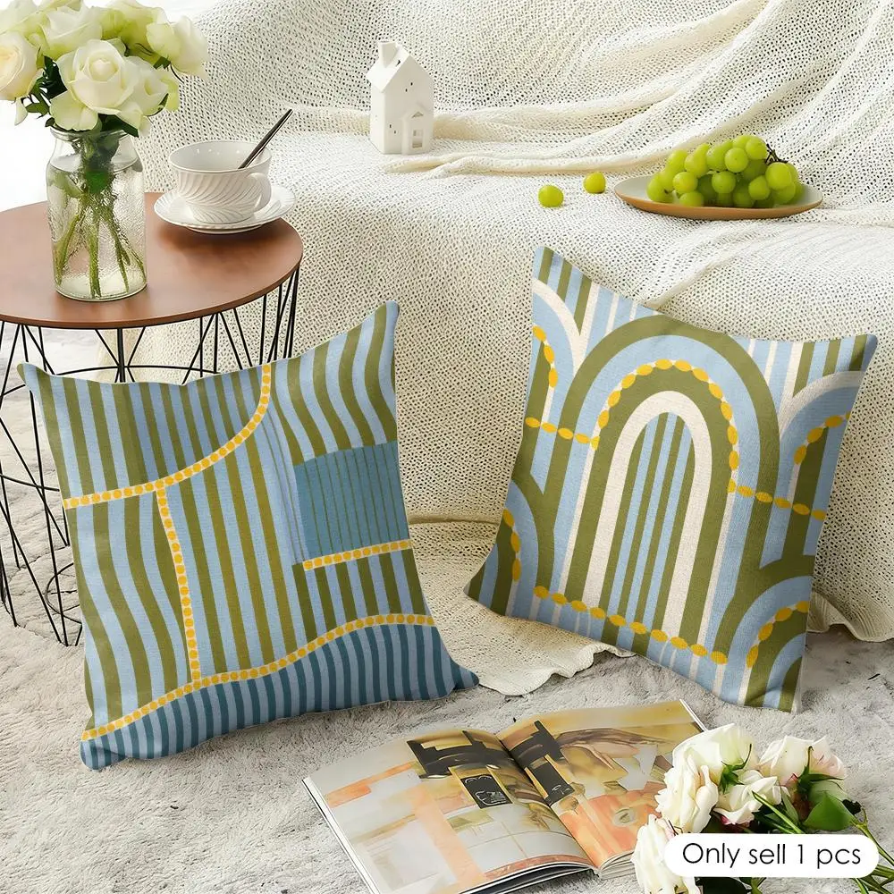 Khaki Turquoise Block Print Cushion Cover Natural Linen Organic Fabric Double-Sided Printing Breathable Perfect For Home Decor