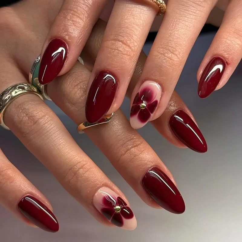 

24 Pcs Simple False Nails with Glue Red Medium Short Almond Nail Art Flower Almond Adhesive Press on Nails Girls Sticky Nails