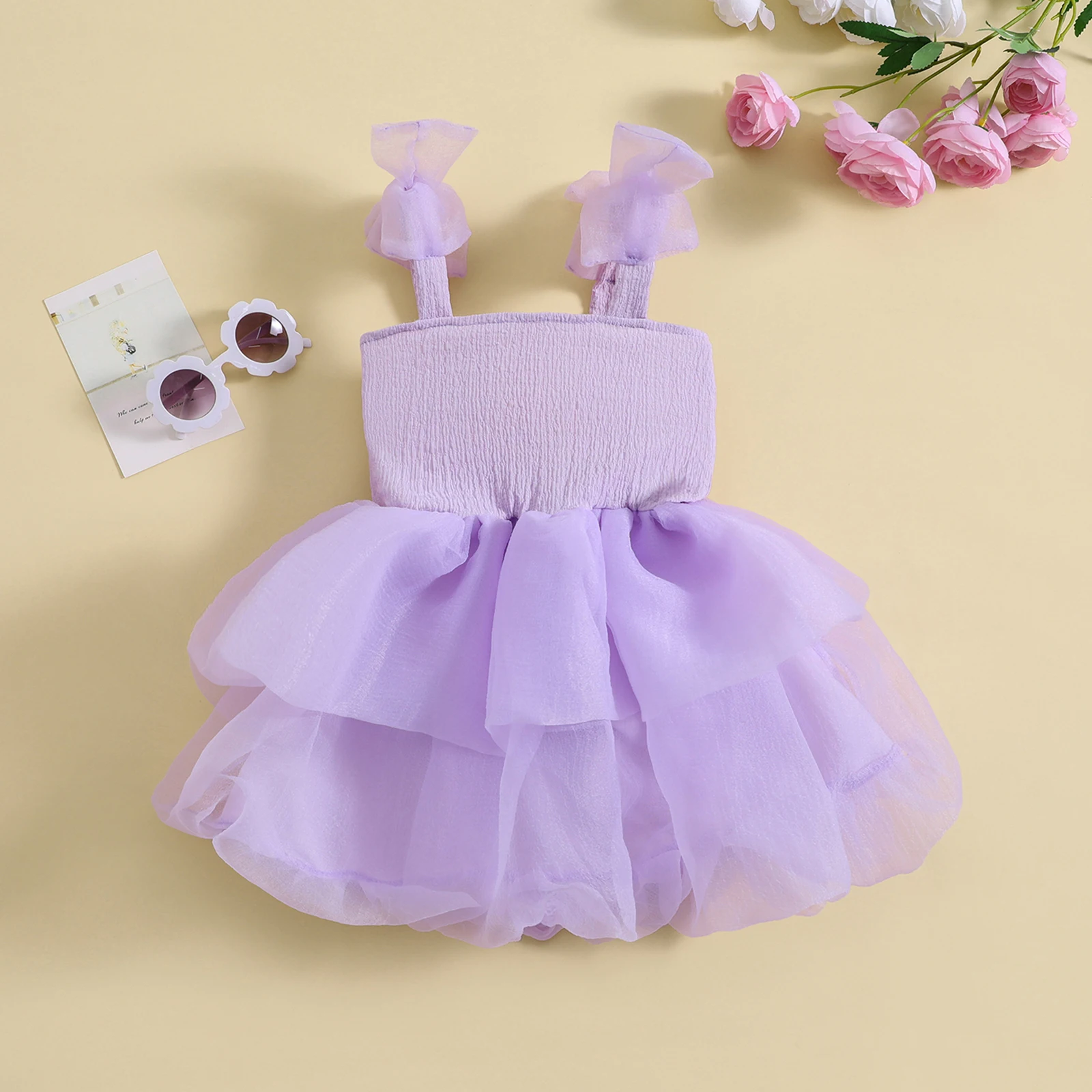 Kids Baby Girls Ball Gown Dress Sleeveless Bow Straps Layered Tulle A-line Dress Summer Girl Patchwork Birthday Party Dress