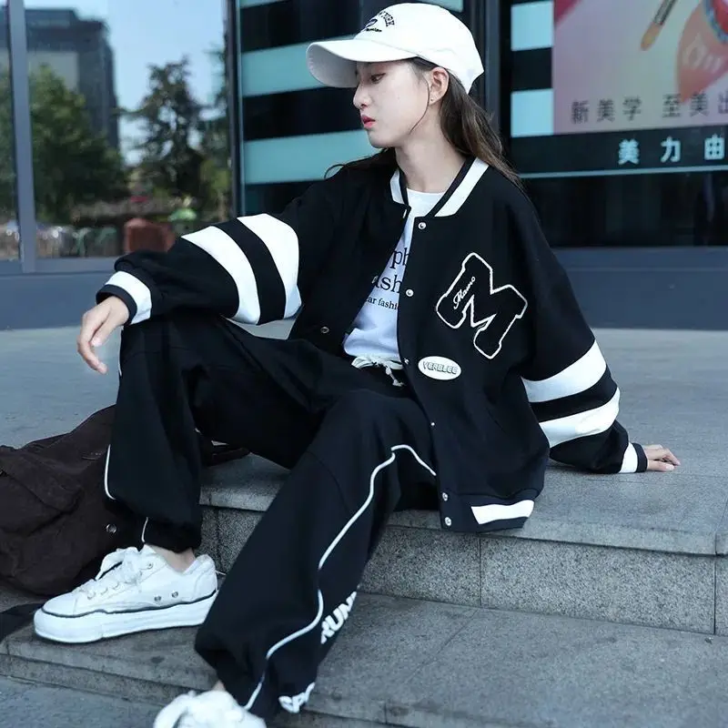 Girls Contrast Alphabet Single-breasted Sweat Varsity Jacket+Drawstring Sweatpant Set School Kids Tracksuit Child Outfit